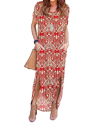 AUSELILY Damen Sommer Maxikleid Kurzarm Sommerkleid Freizeitkleid Lange mit Schlitz Strandkleid T-Shirt-Kleid mit Taschen Boho Floral Rot XL von AUSELILY