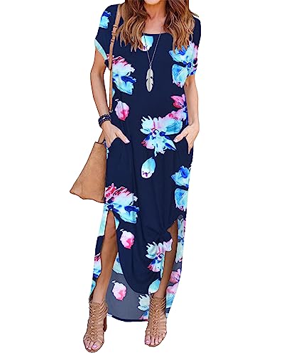 AUSELILY Damen Sommer Maxikleid Kurzarm Sommerkleid Freizeitkleid Lange mit Schlitz Strandkleid T-Shirt-Kleid mit Taschen Floral Marine Rosa M von AUSELILY