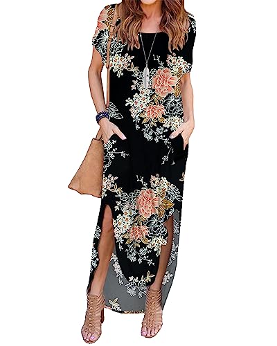 AUSELILY Damen Sommer Maxikleid Kurzarm Sommerkleid Freizeitkleid Lange mit Schlitz Strandkleid T-Shirt-Kleid mit Taschen Floral Schwarz Rosa M von AUSELILY