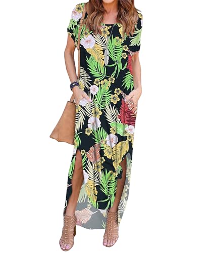 AUSELILY Damen Sommer Maxikleid Kurzarm Sommerkleid Freizeitkleid Lange mit Schlitz Strandkleid T-Shirt-Kleid mit Taschen Tropische Früne Blatt Fluoreszierende Rosa Blume L von AUSELILY