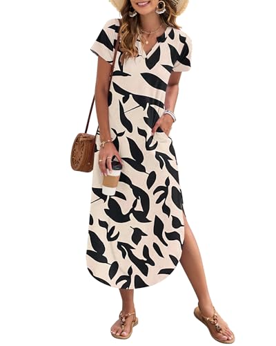 AUSELILY Damen Sommer Maxikleid Kurzarm V-Ausschnitt Lockeres Strandkleid mit Seitenschlitz für Urlaub Aprikot Schwarz Blattdesign XL von AUSELILY