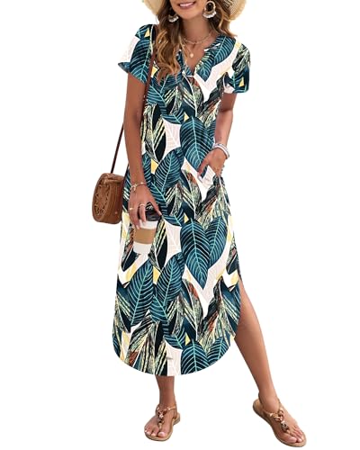 AUSELILY Damen Sommer Maxikleid Kurzarm V-Ausschnitt Lockeres Strandkleid mit Seitenschlitz für Urlaub Blätterdruck M von AUSELILY