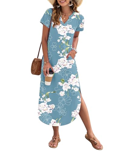 AUSELILY Damen Sommer Maxikleid Kurzarm V-Ausschnitt Lockeres Strandkleid mit Seitenschlitz für Urlaub Blumen Hellblau M von AUSELILY