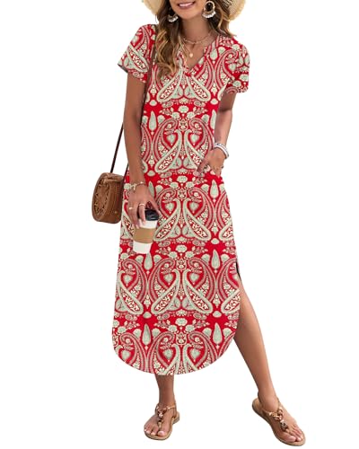 AUSELILY Damen Sommer Maxikleid Kurzarm V-Ausschnitt Lockeres Strandkleid mit Seitenschlitz für Urlaub Boho Blumen Rot L von AUSELILY