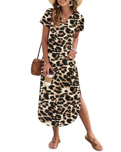 AUSELILY Damen Sommer Maxikleid Kurzarm V-Ausschnitt Lockeres Strandkleid mit Seitenschlitz für Urlaub Gepunkteter Leopard XXL von AUSELILY