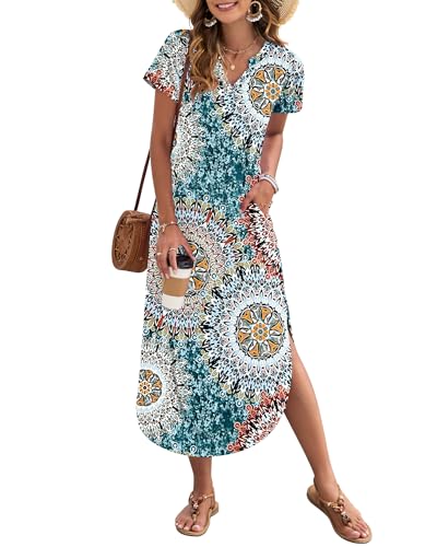 AUSELILY Damen Sommer Maxikleid Kurzarm V-Ausschnitt Lockeres Strandkleid mit Seitenschlitz für Urlaub Grün mit Druck M von AUSELILY