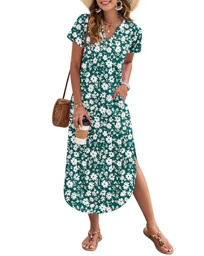 AUSELILY Damen Sommer Maxikleid Kurzarm V-Ausschnitt Lockeres Strandkleid mit Seitenschlitz für Urlaub Grünes Gänseblümchen XXL von AUSELILY