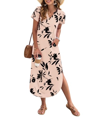 AUSELILY Damen Sommer Maxikleid Kurzarm V-Ausschnitt Lockeres Strandkleid mit Seitenschlitz für Urlaub Hellbraune Blume S von AUSELILY
