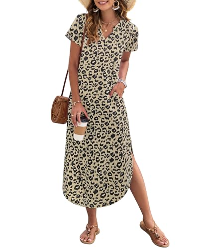 AUSELILY Damen Sommer Maxikleid Kurzarm V-Ausschnitt Lockeres Strandkleid mit Seitenschlitz für Urlaub Leopard XL von AUSELILY