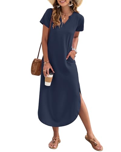 AUSELILY Damen Sommer Maxikleid Kurzarm V-Ausschnitt Lockeres Strandkleid mit Seitenschlitz für Urlaub Marineblau XL von AUSELILY