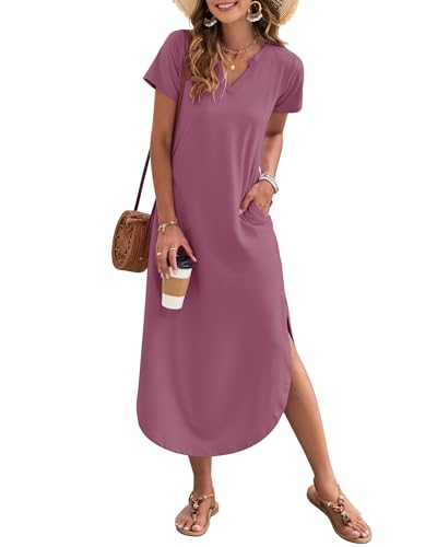 AUSELILY Damen Sommer Maxikleid Kurzarm V-Ausschnitt Lockeres Strandkleid mit Seitenschlitz für Urlaub Mauve M von AUSELILY