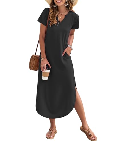 AUSELILY Damen Sommer Maxikleid Kurzarm V-Ausschnitt Lockeres Strandkleid mit Seitenschlitz für Urlaub Schwarz S von AUSELILY