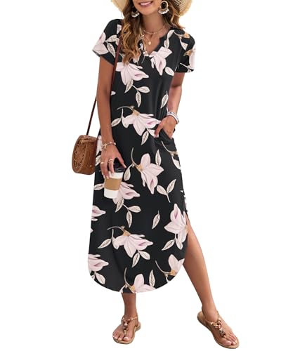 AUSELILY Damen Sommer Maxikleid Kurzarm V-Ausschnitt Lockeres Strandkleid mit Seitenschlitz für Urlaub Trichterwinde M von AUSELILY