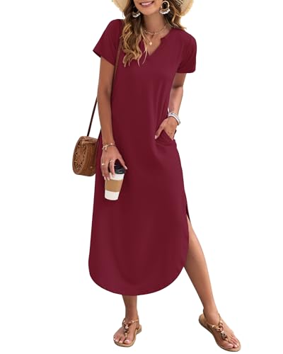 AUSELILY Damen Sommer Maxikleid Kurzarm V-Ausschnitt Lockeres Strandkleid mit Seitenschlitz für Urlaub Weinrot XXL von AUSELILY