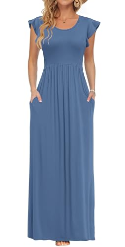 AUSELILY Damen Sommer Maxikleid Rüschen Kurzen Ärmeln Bodenlanger Rock mit Taschen Freizeit Strandkleid Große Größen(Blau Beja) von AUSELILY