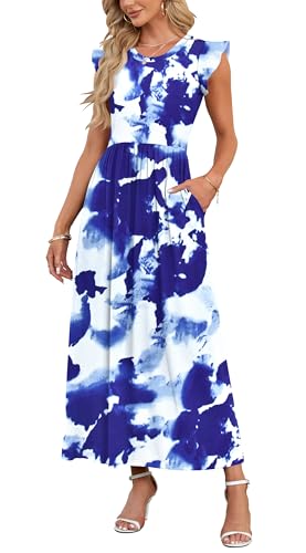AUSELILY Damen Sommer Maxikleid Rüschen und kurzen Ärmeln Bodenlanger Rock mit Taschen Freizeit Strandkleid (Weiße Blaue Blume,XL) von AUSELILY