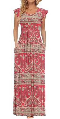 AUSELILY Damen Sommer Maxikleid Rüschen und kurzen Ärmeln Bodenlanger Rock mit Taschen Freizeit Strandkleid Elegant Boho Rot M von AUSELILY