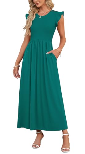 AUSELILY Damen Sommer Maxikleid Rüschen und kurzen Ärmeln Bodenlanger Rock mit Taschen Freizeit Strandkleid Große Größen(Grün,XXL) von AUSELILY