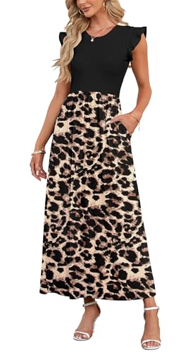 AUSELILY Damen Sommer Maxikleid Rüschen und kurzen Ärmeln Bodenlanger Rock mit Taschen Freizeit Strandkleid Große Größen Leopardenmuster Schwarzes von AUSELILY
