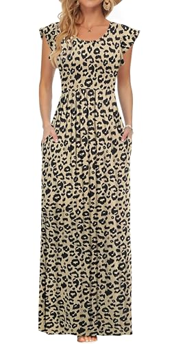 AUSELILY Damen Sommer Maxikleid Rüschen und kurzen Ärmeln Bodenlanger Rock mit Taschen Freizeit Strandkleid Große Größen Leopardenmuster von AUSELILY