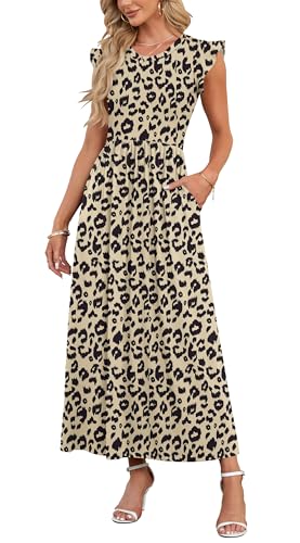 AUSELILY Damen Sommer Maxikleid Rüschen und kurzen Ärmeln Bodenlanger Rock mit Taschen Freizeit Strandkleid Große Größen Leopardenmuster von AUSELILY