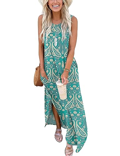 AUSELILY Damen Sommer Maxikleider Ärmellos Strandkleider Lose Langes Hemdkleid mit Schlitz Boho Floral Grün 3XL von AUSELILY