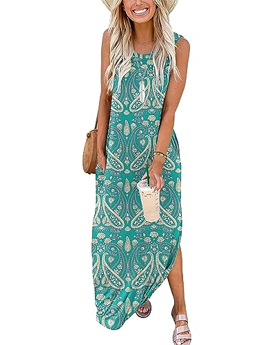 AUSELILY Maxikleider Damen Sommer Ärmellos Strandkleid Lang Sommer-Kleider Tank T-Shirt Kleid mit Taschen Boho Floral Grün XL von AUSELILY