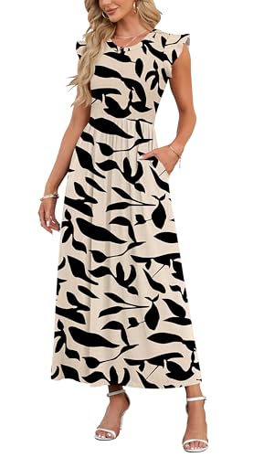 AUSELILY Damen Sommer Rundhalsausschnitt Maxi Kleid mit Taschen Kurzarm und Rüschen Lässiges Hohe Taille Langes Lockeres Bodenlanger Rock Aprikosenschwarz Blätter Alle XXL von AUSELILY