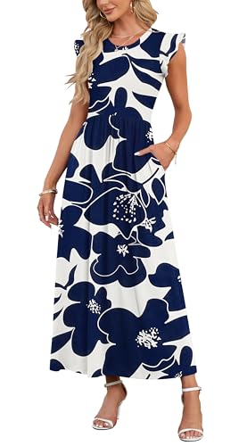 AUSELILY Damen Sommer Rundhalsausschnitt Maxi Kleid mit Taschen Kurzarm und Rüschen Lässiges Hohe Taille Langes Lockeres Bodenlanger Rock Blaue Navy Blumen M von AUSELILY