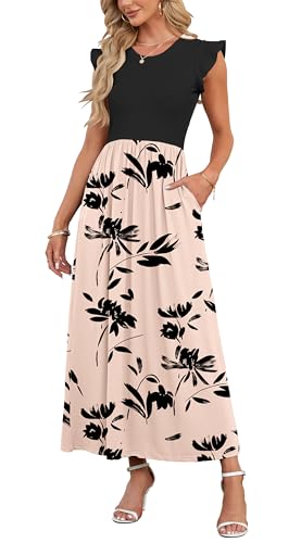 AUSELILY Damen Sommer Rundhalsausschnitt Maxi Kleid mit Taschen Kurzarm und Rüschen Lässiges Hohe Taille Langes Lockeres Bodenlanger Rock Braun Schwarz Blüten L von AUSELILY