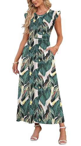 AUSELILY Damen Sommer Rundhalsausschnitt Maxi Kleid mit Taschen Kurzarm und Rüschen Lässiges Hohe Taille Langes Lockeres Bodenlanger Rock Grüne Blätter S von AUSELILY