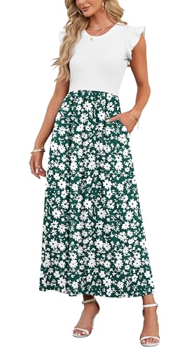 AUSELILY Damen Sommer Rundhalsausschnitt Maxi Kleid mit Taschen Kurzarm und Rüschen Lässiges Hohe Taille Langes Lockeres Bodenlanger Rock Grüne Blüten S von AUSELILY
