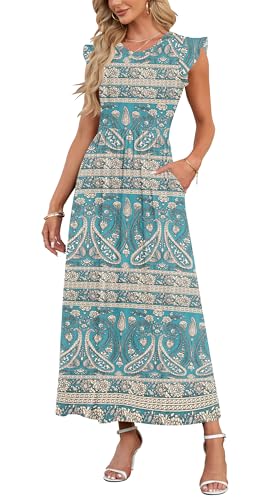 AUSELILY Damen Sommer Rundhalsausschnitt Maxi Kleid mit Taschen Kurzarm und Rüschen Lässiges Hohe Taille Langes Lockeres Bodenlanger Rock Grüne Böhmen S von AUSELILY
