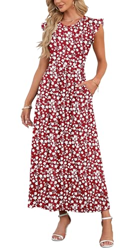 AUSELILY Damen Sommer Rundhalsausschnitt Maxi Kleid mit Taschen Kurzarm und Rüschen Lässiges Hohe Taille Langes Lockeres Bodenlanger Rock Rote Blüten L von AUSELILY