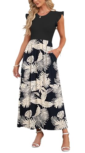 AUSELILY Damen Sommer Rundhalsausschnitt Maxi Kleid mit Taschen Kurzarm und Rüschen Lässiges Hohe Taille Langes Lockeres Bodenlanger Rock Tropische Regenwaldblätter S von AUSELILY