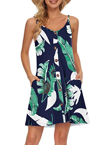 AUSELILY Sommerkleid Damen Kleider Spaghettiträger Knielang Strandkleid Freizeitkleider V Ausschnitt Leicht Kleider Sommer Mit Taschen Für Frauen(Blau drucken,L) von AUSELILY