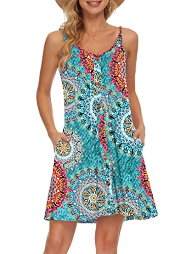 AUSELILY Sommerkleid Damen Kleider Spaghettiträger Knielang Strandkleid Freizeitkleider V Ausschnitt Leicht Kleider Sommer Mit Taschen Für Frauen(Grün drucken,S) von AUSELILY