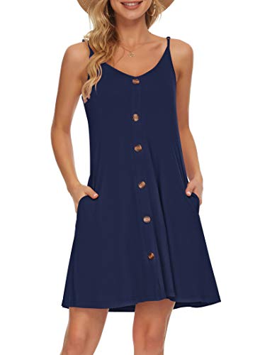 AUSELILY Sommerkleid Damen Kleider Spaghettiträger Knielang Strandkleid Freizeitkleider V Ausschnitt Leicht Kleider Sommer Mit Taschen Für Frauen(Navy blau,L) von AUSELILY