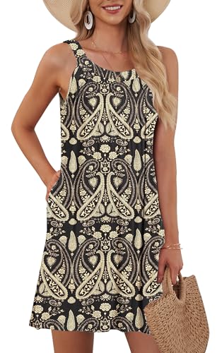 AUSELILY Damen Sommer Tank Kleid Casual Urlaub Kurze Halter Kleider Boho Floral Schwarz M von AUSELILY