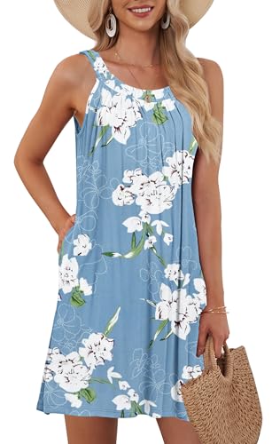 AUSELILY Damen Sommer Tank Kleid Casual Urlaub Kurze Halter Kleider Floral Hellblau S von AUSELILY