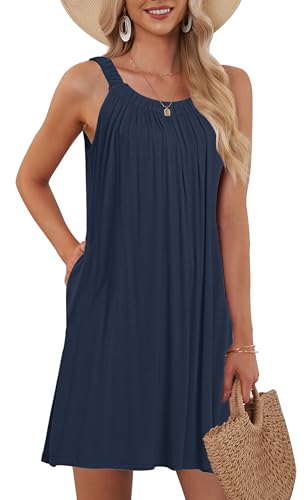 AUSELILY Damen Sommer Tank Kleid Casual Urlaub Kurze Halter Kleider Marine blau M von AUSELILY