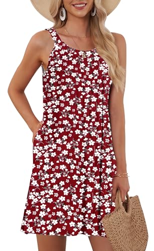 AUSELILY Damen Sommer Tank Kleid Casual Urlaub Kurze Halter Kleider Rote Blumen XXL von AUSELILY