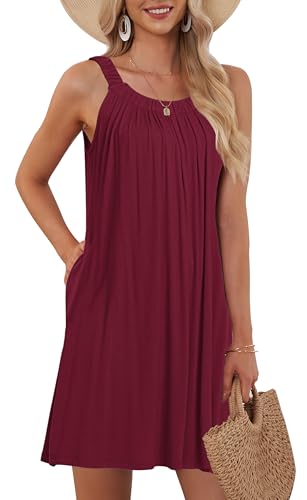 AUSELILY Damen Sommer Tank Kleid Casual Urlaub Kurze Halter Kleider Weinrot L von AUSELILY