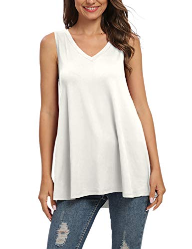 AUSELILY Damen Tshirt V Ausschnitt Ärmellos Lässig Oberteile Sommer Basic Top(L,Weiß) von AUSELILY