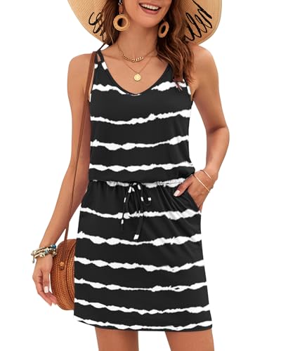 AUSELILY Damen Sommerkleid Ärmellos V-Ausschnitt Knielang Freizeitkleider Casual Kordelzug Midikleid mit Taschen Schwarzer Wellenstreifen 2XL von AUSELILY