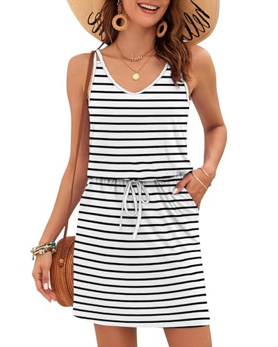 AUSELILY Damen Sommerkleid Ärmellos V-Ausschnitt Knielang Freizeitkleider Casual Kordelzug Midikleid mit Taschen Weiß Schwarz Streifen XL von AUSELILY