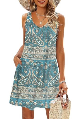 AUSELILY Kleid Damen Leicht Sommerkleid Knielang Elegant Swing Kleid V Ausschnitt Ärmellose Boho Mini Kleid mit Taschen Boho Floral Grün 2XL von AUSELILY