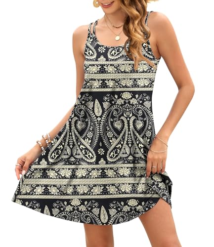 AUSELILY Damen Sommerkleid Kurz Trägerkleid Spaghettiträger Ärmellos Knielang Leicht Luftig Kleider Boho Floral Schwarz M von AUSELILY