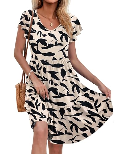 AUSELILY Damen Sommerkleid Rüschen Kurzarm Elegante V-Ausschnitt Kleider Swing Knielanges A-Linie Freizeit Strandkleid Gestuftes Kleider mit Tasche Aprikose Schwarze Blätter L von AUSELILY