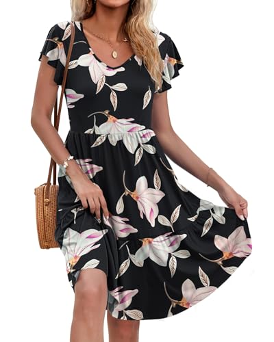 AUSELILY Damen Sommerkleid Rüschen Kurzarm Elegante V-Ausschnitt Kleider Swing Knielanges A-Linie Freizeit Strandkleid Gestuftes Kleider mit Tasche Blatt Abdruck M von AUSELILY